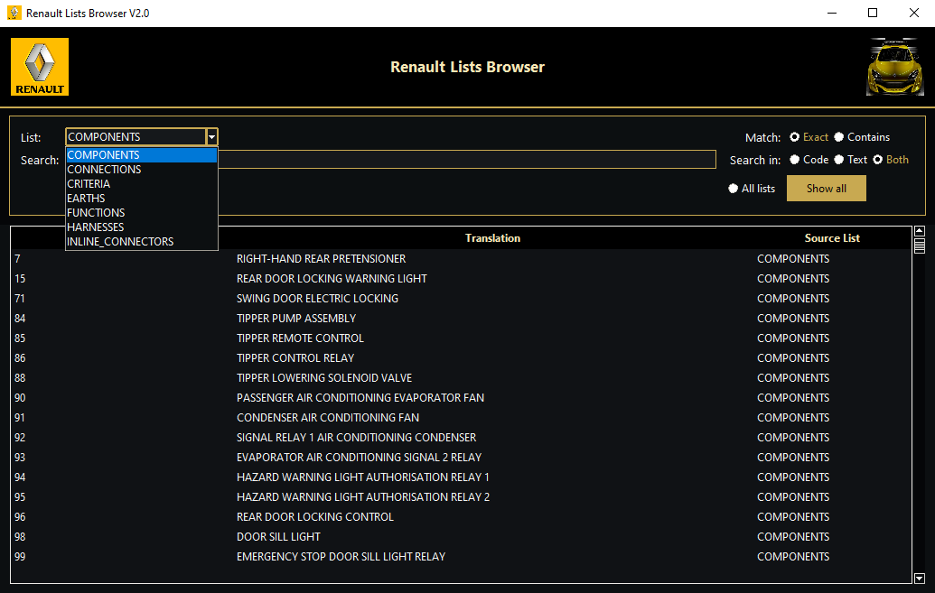 Renault Lists Browser Component Code Lookup 2.0