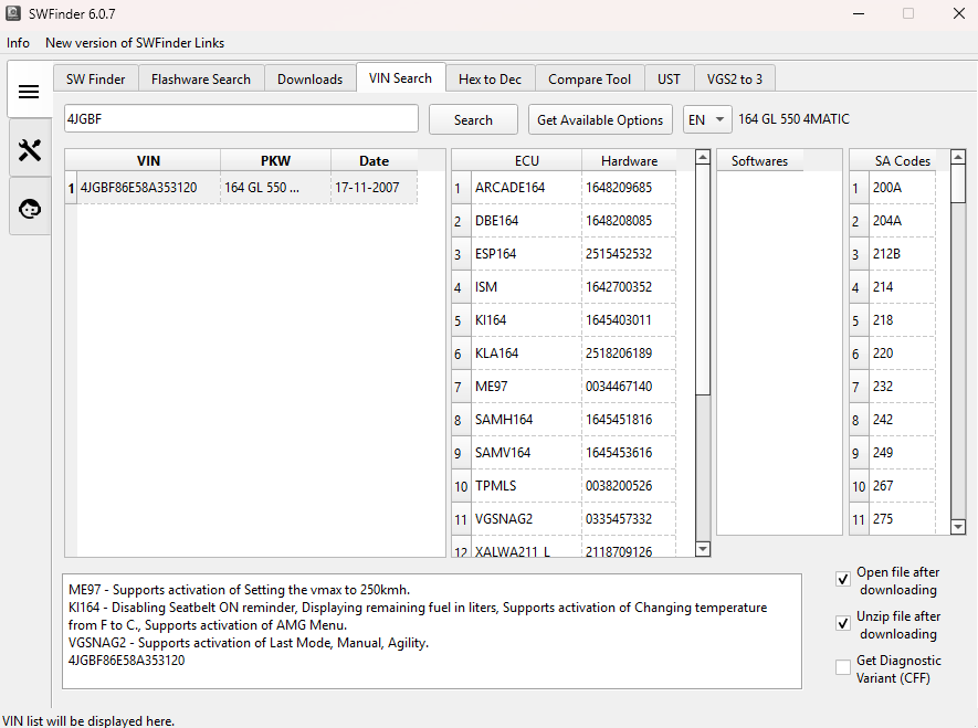SWFinder 6.0.7 Mercedes Flashware Finder & VIN, SCN