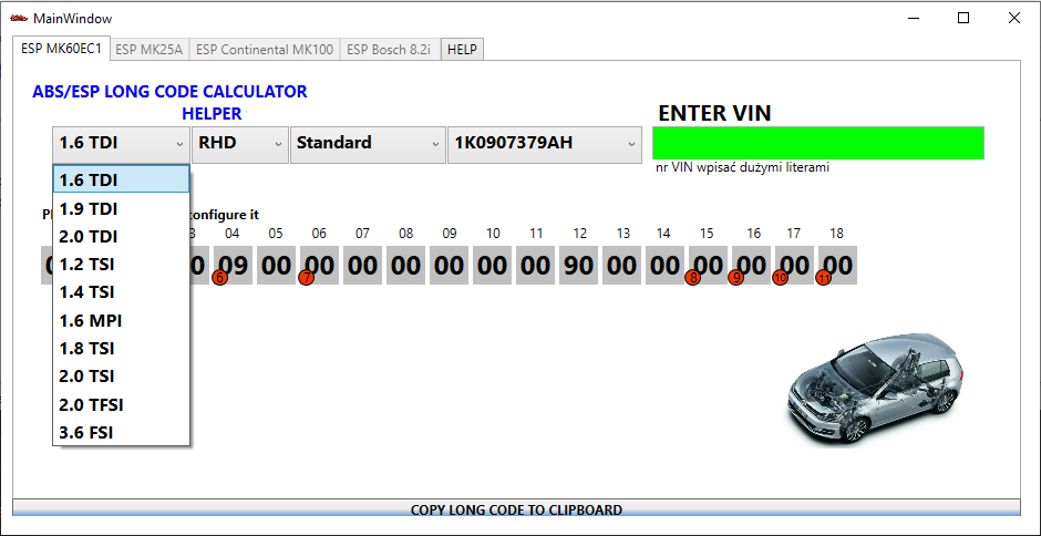 VW ABS ESP Long Code Calculator Helper MK60EC1